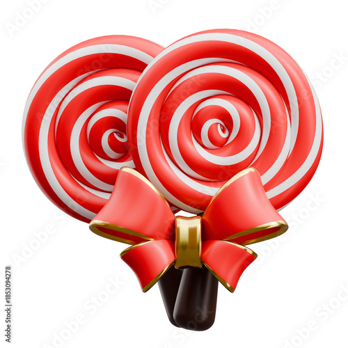 Sweet christmas lollipops with red bow 3d icon on transparent background