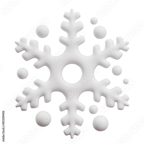 White stylized snowflake with floating snowballs 3d illustration