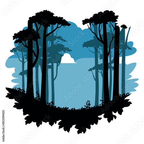 Forest Silhouette Vector Illustration, Nature Landscape Background