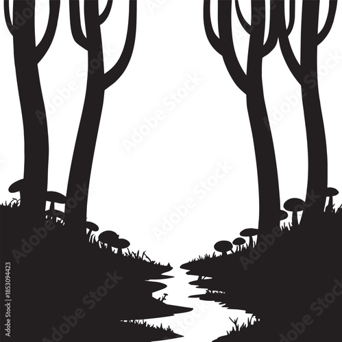 Mystical Forest Stream Silhouette Vector Illustration