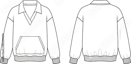 Pullover Garment Sketch, V-Neck Collar, Kangaroo Pocket, Ribbed Cuffs, Fashion Design Illustration