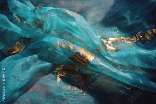 Bright blue fabric with gold patterns shows texture and detail in natural light with soft folds and movement