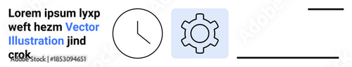 Simplistic clock and gear adjacent to placeholder text. Ideal for productivity, time tracking, engineering, workflow, scheduling concepts, planning, and a simple landing page
