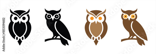 Owl Icon Set in Flat Silhouette Style with Front and Side Views