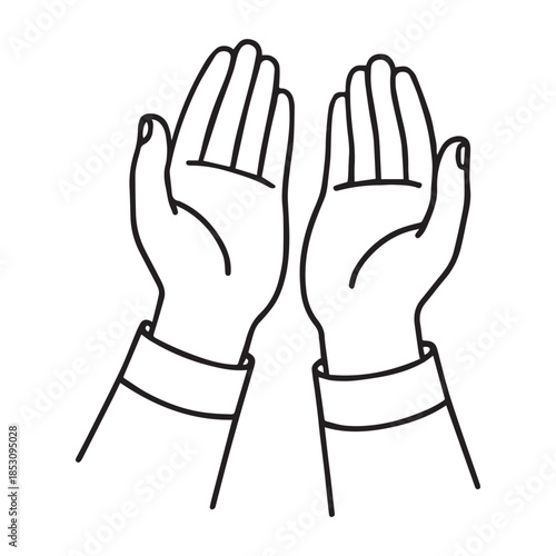 Minimal black-and-white line drawing of two symmetrical hands raised in a gesture of prayer or openness, symbolizing surrender, faith, and spiritual connection.