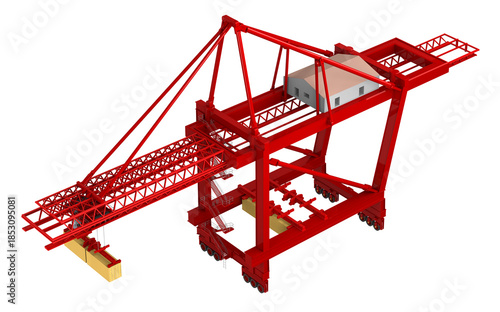 Red container gantry crane for port logistics and maritime terminal operations, industrial heavy machinery isolated on white background, 3d rendering.