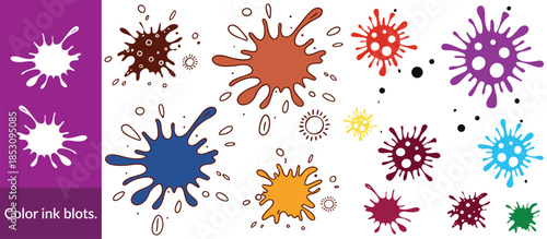 Colour ink blots. Colourful paint splatters and drips in organic splashes. Bright, playful, bold abstract graffiti spots for kids art blobs, comics, pop art design. Vector isolated set