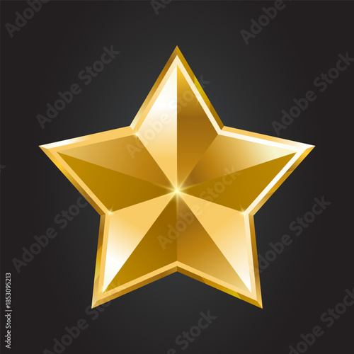 Golden five-pointed star with metallic effect isolated on black background. 3D star. Decorative element  for Christmas design, advertising, awards. Realistic Realistic Xmas star. Vector illustration.