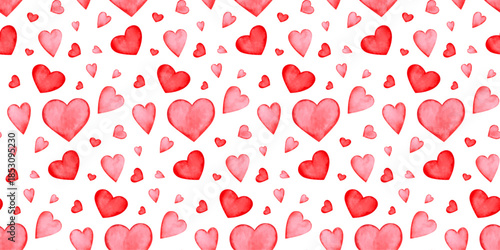 Seamless pattern with  hearts with watercolour texture on white background. Valentine's Day hearts. Pattern for wrapping paper, decorations, backdrops. Love theme. Red hearts. Vector illustration. 