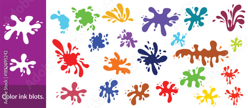 Colour ink blots. Colourful paint splatters and drips in organic splashes. Bright, playful, bold abstract graffiti spots for kids art blobs, comics, pop art design. Vector isolated set