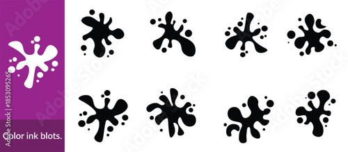 Colour ink blots. Colourful paint splatters and drips in organic splashes. Bright, playful, bold abstract graffiti spots for kids art blobs, comics, pop art design. Vector isolated set