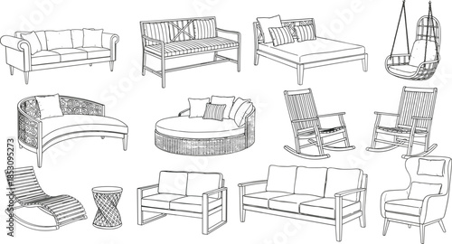 Seating Furniture Line Art, Sofa, Chair, Bench, Daybed, Rocker, Minimalist Interior Design Elements