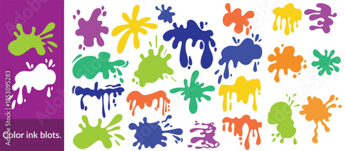 Colour ink blots. Colourful paint splatters and drips in organic splashes. Bright, playful, bold abstract graffiti spots for kids art blobs, comics, pop art design. Vector isolated set