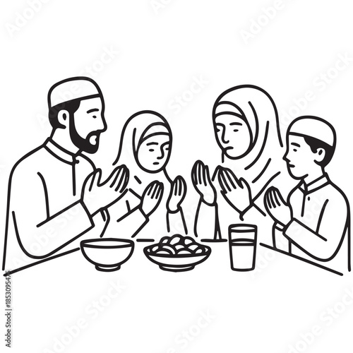 Black-and-white line drawing of a family of four seated at a table, raising their hands in prayer before a meal, symbolizing Islamic tradition, unity, and spiritual observance during Ramadan.