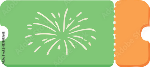 A flat pastel illustration of a green event ticket featuring a simple fireworks burst icon and a perforated detachable stub on the side.