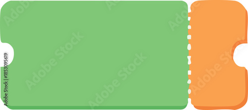 A flat pastel illustration of a blank green event ticket with a perforated orange detachable stub and rounded edges, designed as a simple template.