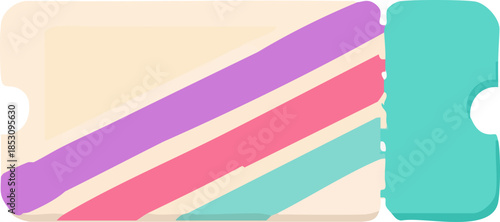 A flat pastel illustration of a colorful abstract event ticket featuring diagonal rainbow-style stripes and a detachable perforated stub on the side.