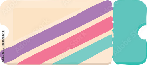 A flat pastel illustration of a colorful abstract event ticket featuring diagonal rainbow-style stripes and a detachable perforated stub on the side.