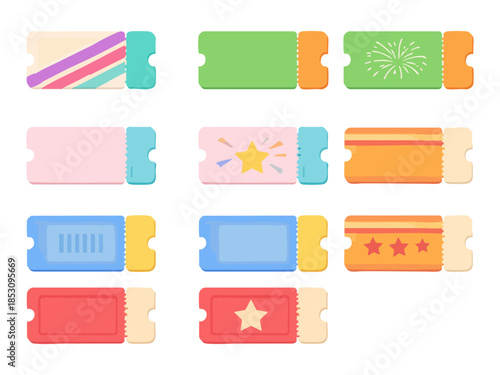 A flat illustration set showing assorted colorful event tickets with different decorative designs, neatly arranged