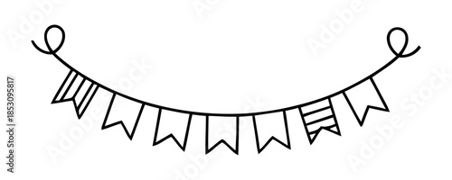 A black and white outline of a string of striped red and blue bunting flags, designed for party or event decoration.
