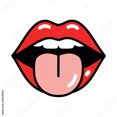 Vibrant red lips with a tongue sticking out, exuding flirtation and cheekiness. Perfect for fun, bold, and youthful projects.