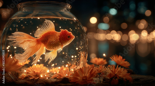 An orange goldfish swimming inside a glass bowl surrounded by flowers.