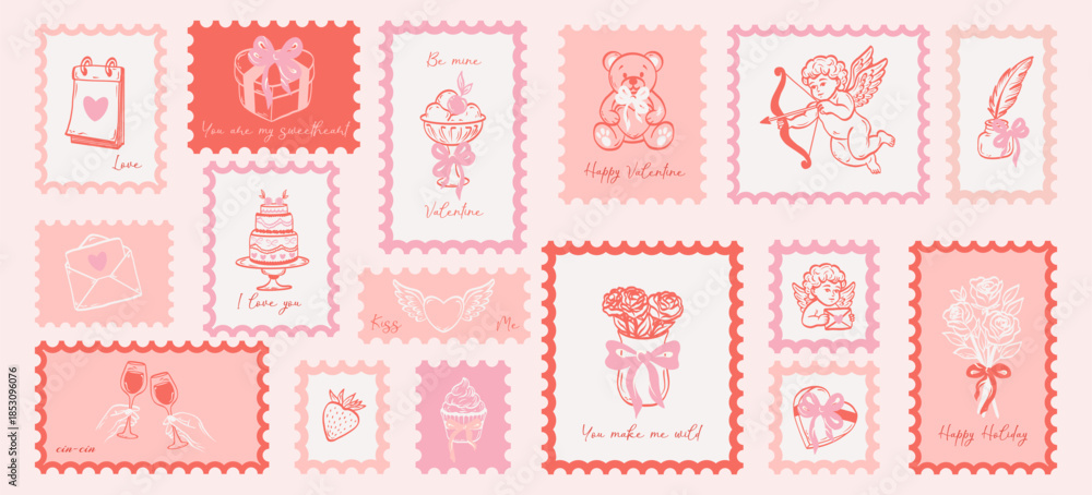 Fototapeta premium Hand drawn post stamps Valentine day in doodle sketch art. Holiday romantic stickers for poster, placard or postcard prints. Vector.