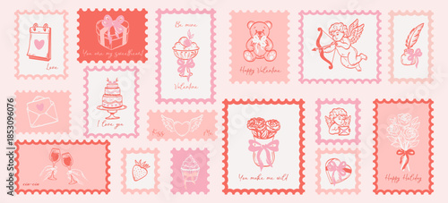 Hand drawn post stamps Valentine day in doodle sketch art. Holiday romantic stickers for poster, placard or postcard prints. Vector.