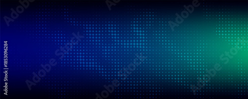 halftone with blue-green gradation, abstract background pattern, neon light reflecting walls and floors, dark colors, and feel the speed of digital technology connected with blue-green background.
