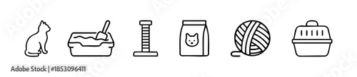 Collection of essential cat care items including litter box, scratching post, food bag, yarn, and carrier, perfect for veterinary clinic promotions or pet ownership guides