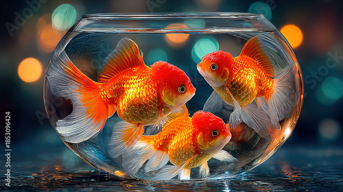 Three colorful goldfish swimming in a round glass bowl with a blurred background.