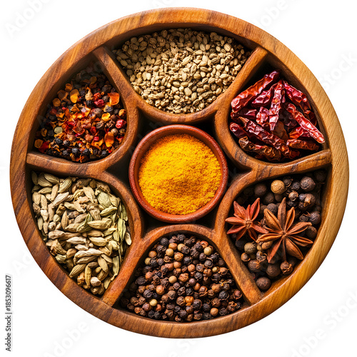 Round Spice Box with Assorted Ingredients isolated on transparent background 