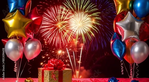 Fireworks celebration with balloons and gifts