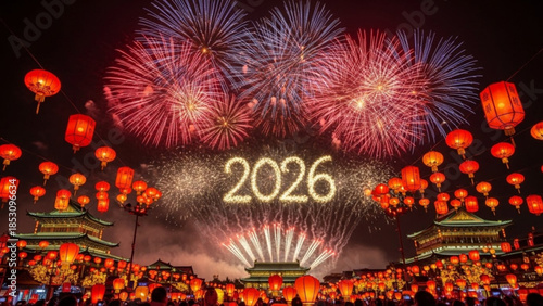 Chinese new year celebration with fireworks and lanterns in 2026, vibrant red and gold decorations, night