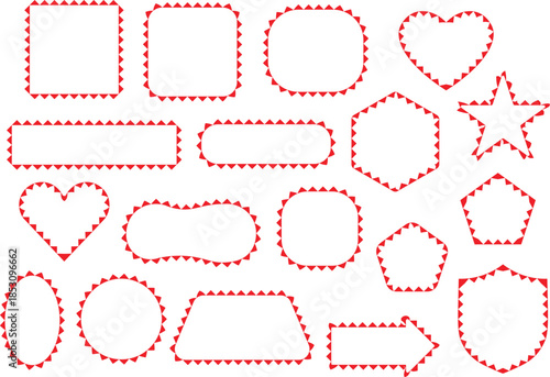 Red dashed stitched outline shapes and decorative icons set. Clean dotted borders with hearts, stars, arrows and badges in playful style. Versatile elements for crafts, labels, UI and graphic design 