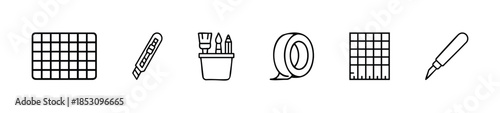 Essential crafting and office supplies depicted as minimalist outline icons, including a cutting mat, utility knife, art brushes, pencils, adhesive tape, and a precision craft knife for