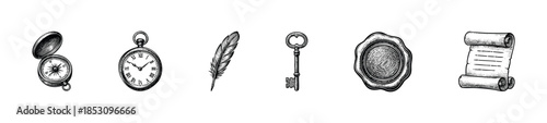 Hand drawn collection of vintage engraved objects including historical symbols, a compass, pocket watch, quill, key, wax seal, and scroll for themed projects.