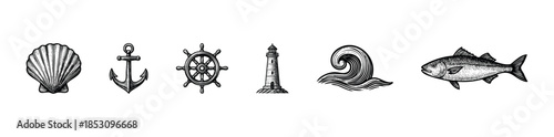 Collection of classic nautical and marine symbols including a seashell anchor ship wheel lighthouse wave and fish perfect for ocean themed designs coastal business branding or travel
