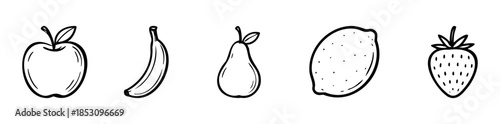 Delightful hand drawn black and white fruit icons featuring apple banana pear lemon and strawberry suitable for food packaging school projects and nutritional guides