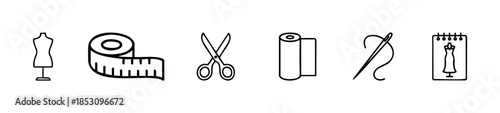 Collection of essential sewing and tailoring tools and accessories including a dress form, tape measure, scissors, fabric roll, needle, and sketchbook, perfect for craft and DIY related