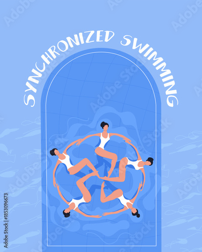 Poster of a women's synchronized swimming team. Hand-drawn vector illustration.