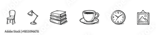 Hand drawn sketch icons of everyday office and home objects like a chair, desk lamp, stack of books, coffee cup, wall clock, and framed picture, useful for graphic resources and UI elements.