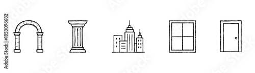 Basic line drawing assortment showcasing essential architectural features such as an elegant archway a sturdy column urban skyline buildings a standard window and a functional door useful