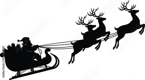 Black and White Silhouette of Santa Claus Riding in a Sleigh Pulled by Three Flying Reindeer for Christmas and Holiday Themes.