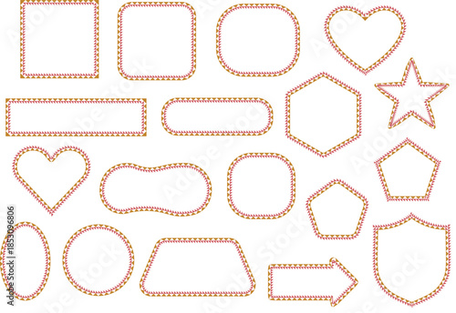 Orange stitched outline shapes and decorative icon set. Clean handmade dotted borders with hearts, stars, arrows and badges. Versatile elements for crafts, labels, UI and modern graphic design.