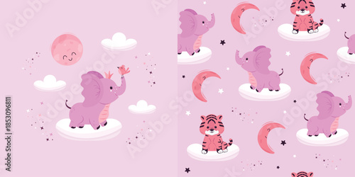 Children's background and seamless pattern for decorating children's rooms, bedding, wrapping paper, and more with cute animals. Vector design in delicate colors.