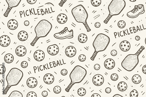 Seamless pickleball sports equipment pattern featuring handdrawn paddles, wiffle balls, and sneakers perfect for fabric, digital backgrounds, or athletic product packaging