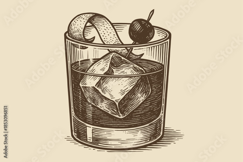 Classic engraved iced drink with a citrus slice and twisted peel, ideal for traditional liquor advertisements, sophisticated menu designs, or elegant event invitations.