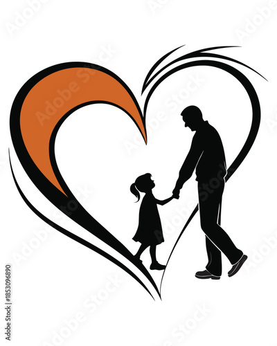 A black silhouette of a father and daughter holding hands, walking inside a stylized heart outline. The heart's upper left curve is colored orange. This illustration symbolizes family love and care