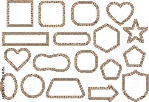 Olive green stitched outline shapes and decorative icons set. Handmade dotted borders with hearts, stars, arrows and badges. Natural themed elements for crafts, labels and modern graphic design.